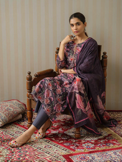 Dhiyona IS Women's Floral Printed Tie-Up Neck Linen Kurta with Trousers & With Dupatta