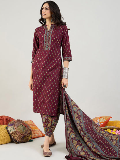 Burgundy Floral Printed Mandarin Collar Pure Cotton Kurta with Salwar & Dupatta