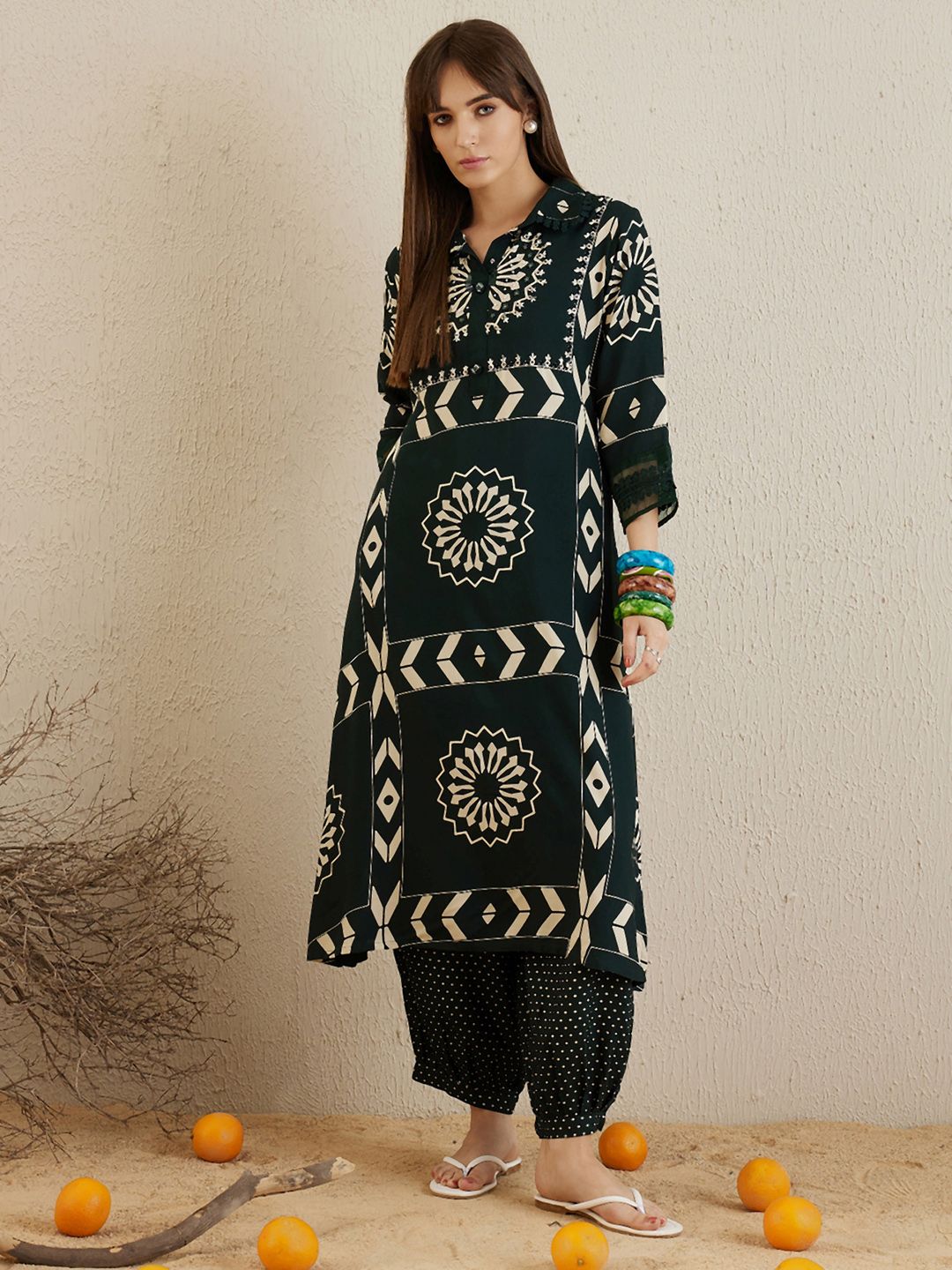 Green Floral Printed Stones & Beads Shirt Collar Straight Kurta with Salwar