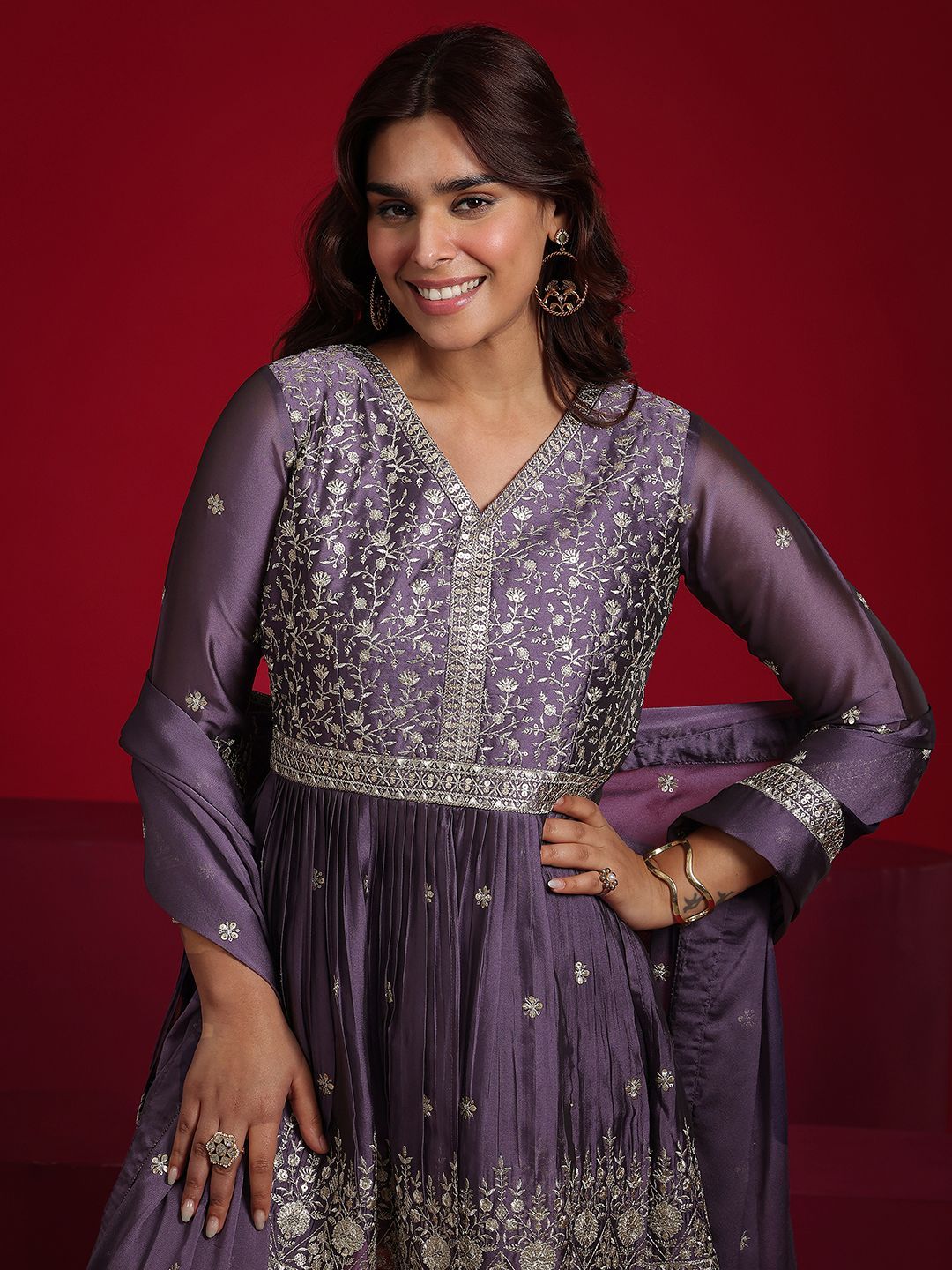 Dhiyona LL Floral Embroidered Sequinned Anarkali Kurta With Sharara & Dupatta