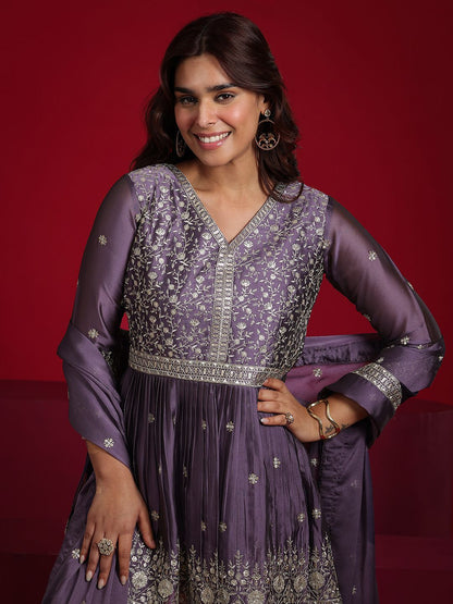 Dhiyona LL Floral Embroidered Sequinned Anarkali Kurta With Sharara & Dupatta