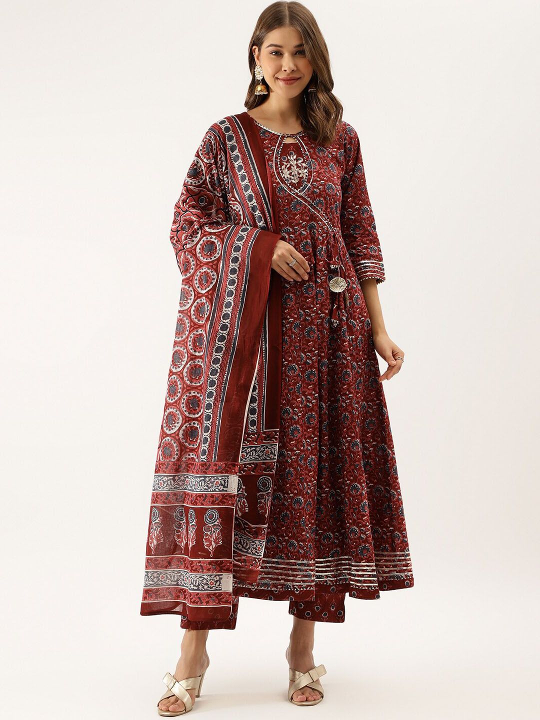 Dhiyona KL Floral Printed Gotta Patti Pure Cotton Anarkali Kurta & Trousers With Dupatta
