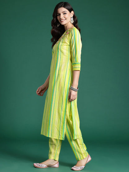 Floral Embroidered Thread Work Pure Cotton Kurta with Trousers