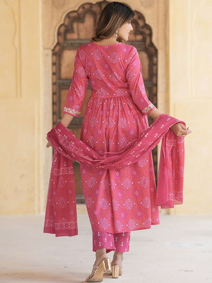 Dhiyona KL Ethnic Motifs Embroidered Thread Work Empire Pure Cotton Kurta Trousers & Dupatta