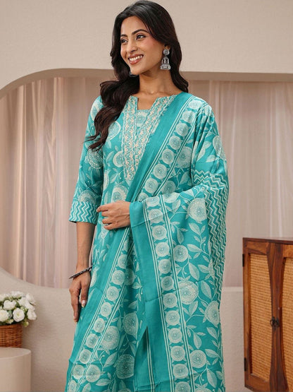 Libas Blue Floral Printed Straight Suit Set