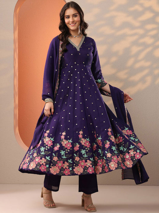 Women Floral Embroidered Regular Sequinned Kurta with Trousers & Dupatta