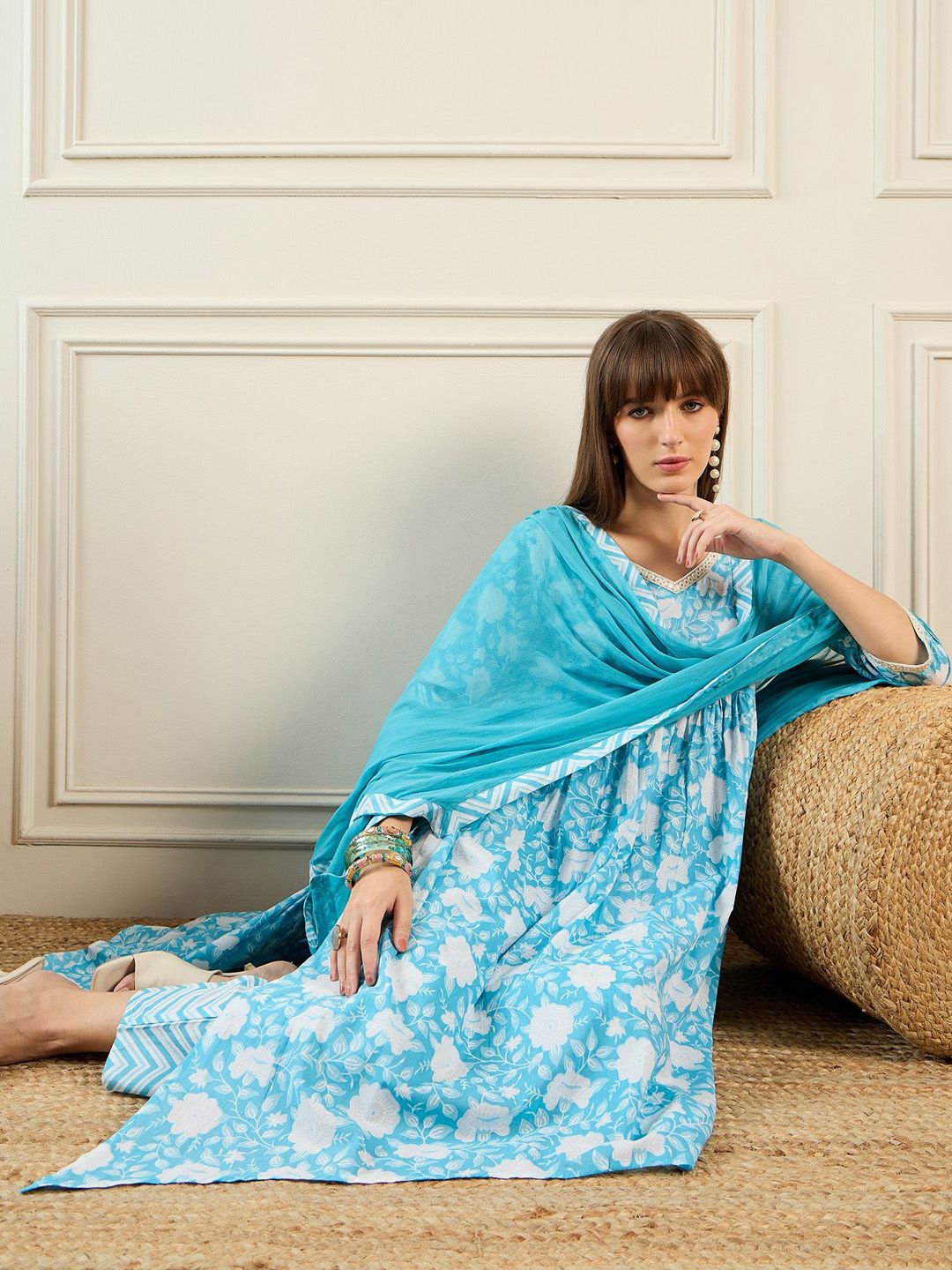 Women Floral Printed Empire Mirror Work Pure Cotton Kurta with Trousers & With Dupatta
