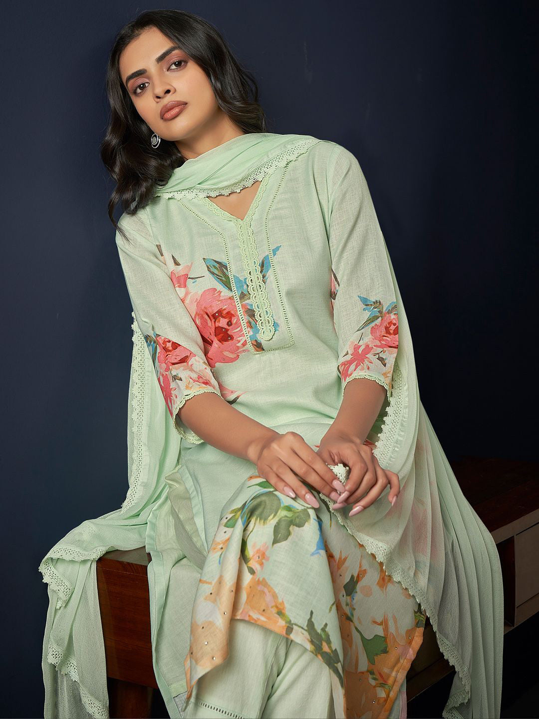 Floral Printed Regular Linen Straight Kurta With Trousers & Dupatta