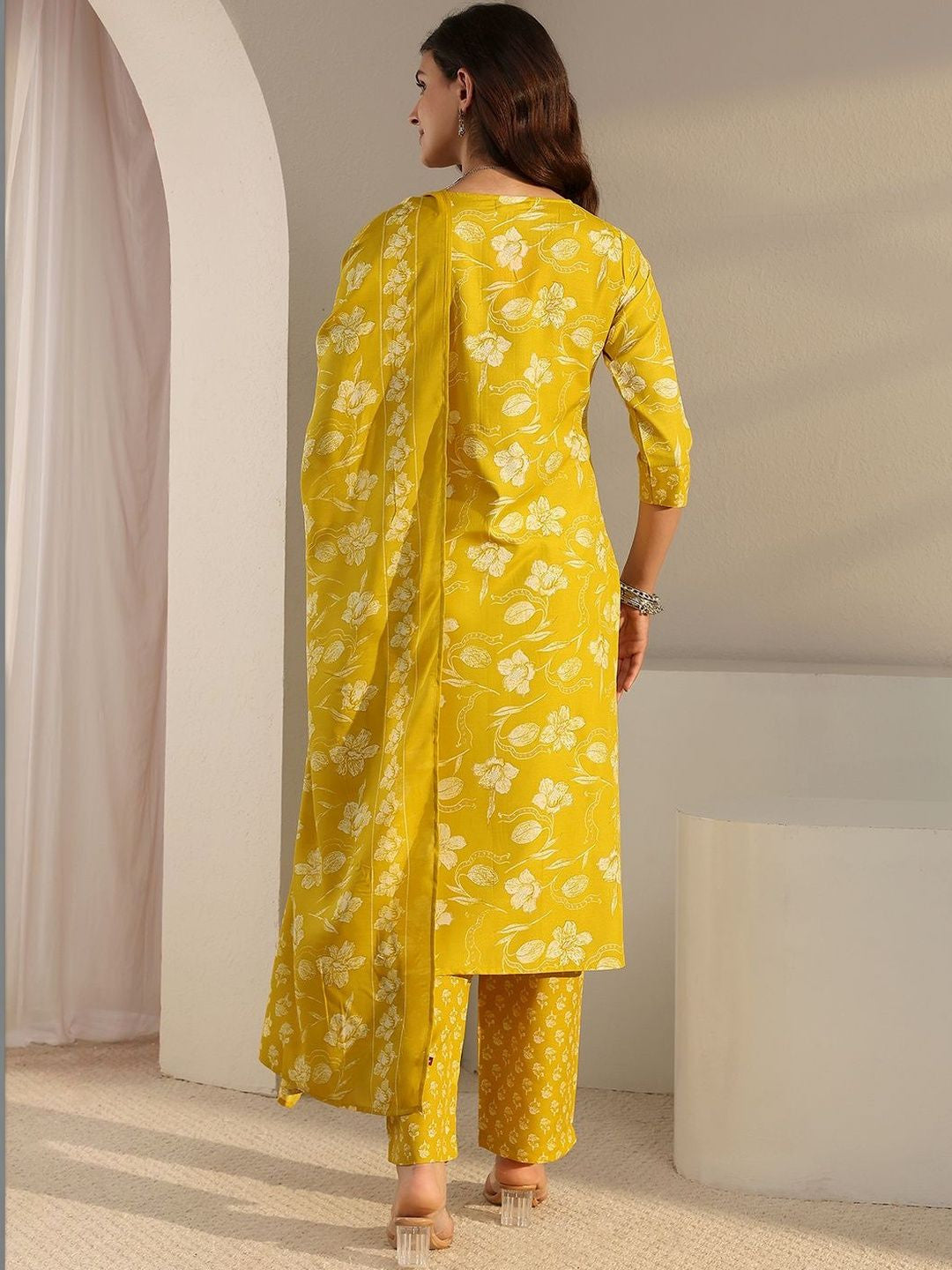 Libas Yellow Floral Printed Straight Suit Set with Dupatta