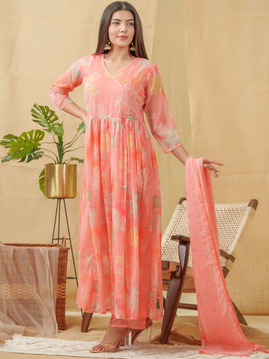 Dhiyona SN Floral Printed Angrakha A-Line Kurta With Palazzos & Dupatta