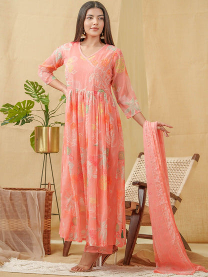 Dhiyona SN Floral Printed Angrakha A-Line Kurta With Palazzos & Dupatta