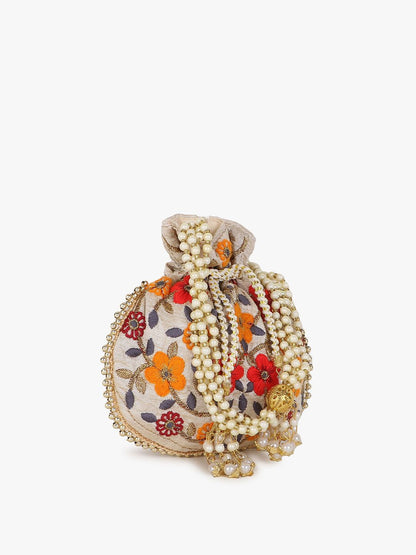 Dhiyona NR Girls Cream-Coloured & White Embroidered Tasselled Potli Clutch