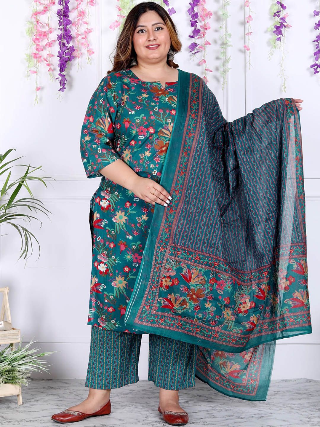 Dhiyona KL Plus Size Floral Printed Regular Pure Cotton Straight Kurta With Trousers & Dupatta