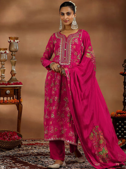 Dhiyona LL Women Floral Printed Regular Sequinned Silk Chiffon Kurta with Palazzos & With Dupatta