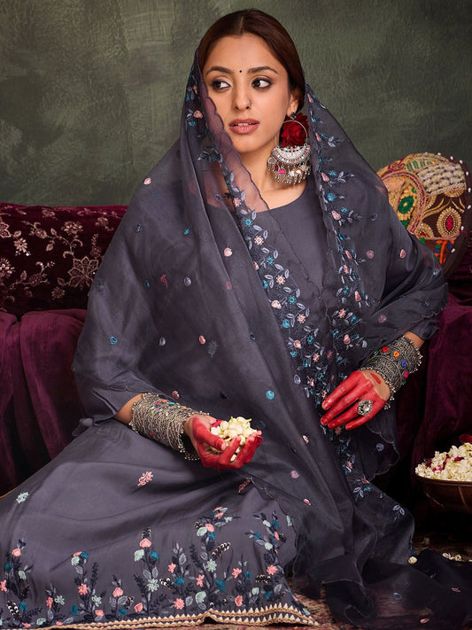 Floral Embroidered Thread Work Straight Kurta With Trousers & Dupatta
