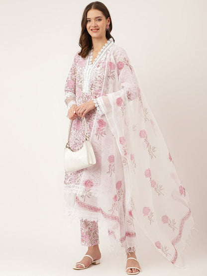 Dhiyona KL Floral Printed Laced Pure Cotton Kurta With Trouser & Dupatta