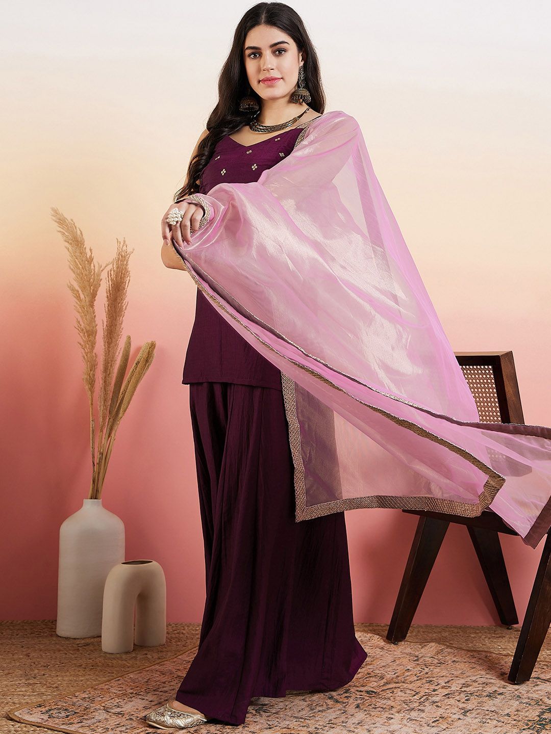 Dhiyona IN Ethnic Motifs Embroidered Regular Thread Work Kurta With Palazzos & Dupatta