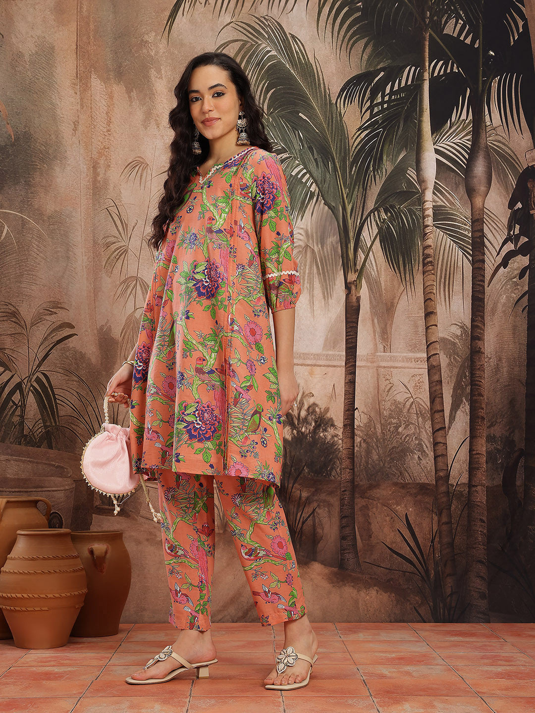 Floral Printed Lace Insert Detail Pure Cotton A-Line Kurta with Trousers