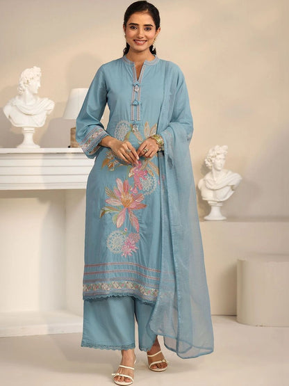 Cornflower Blue Floral Embroidered Cotton Straight Suit Set