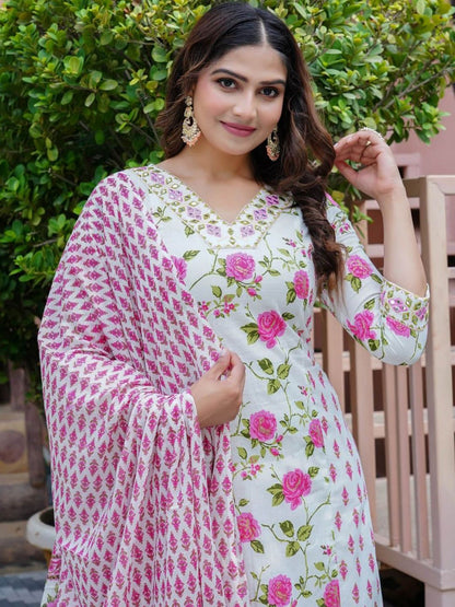 Dhiyona KL Women Floral Printed Angrakha Thread Work Pure Cotton Kurta with Palazzos & With Dupatta