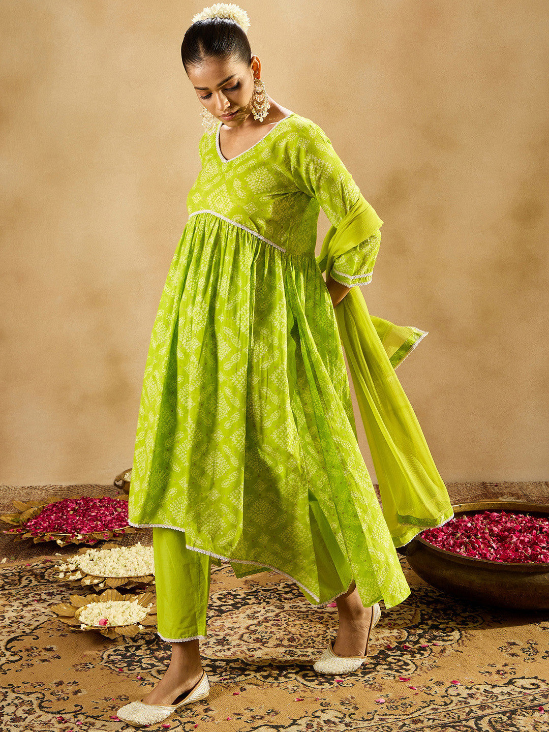 Indo EraBandhani Printed Empire V-Neck Pure Cotton Kurta with Trousers & Dupatta