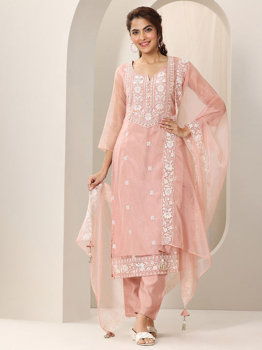 Floral Embroidered Notch Neck Organza Straight Kurta With Trouser & Dupatta