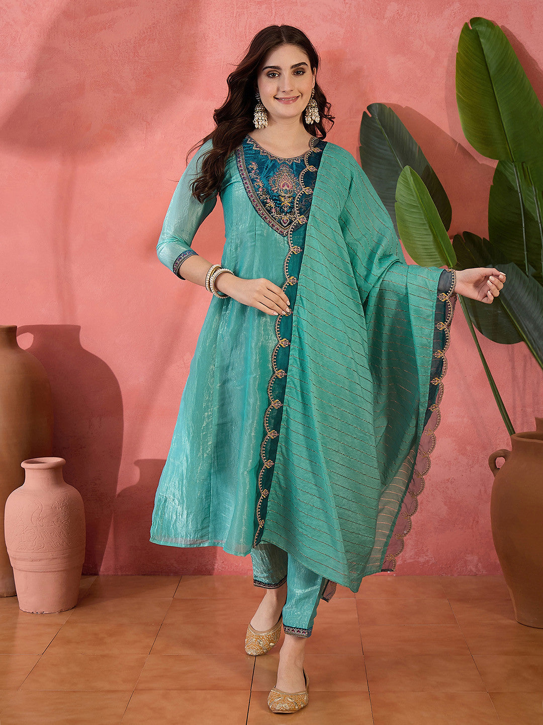 Embroidered Zari Sequence Straight Kurta With Trousers & Dupatta
