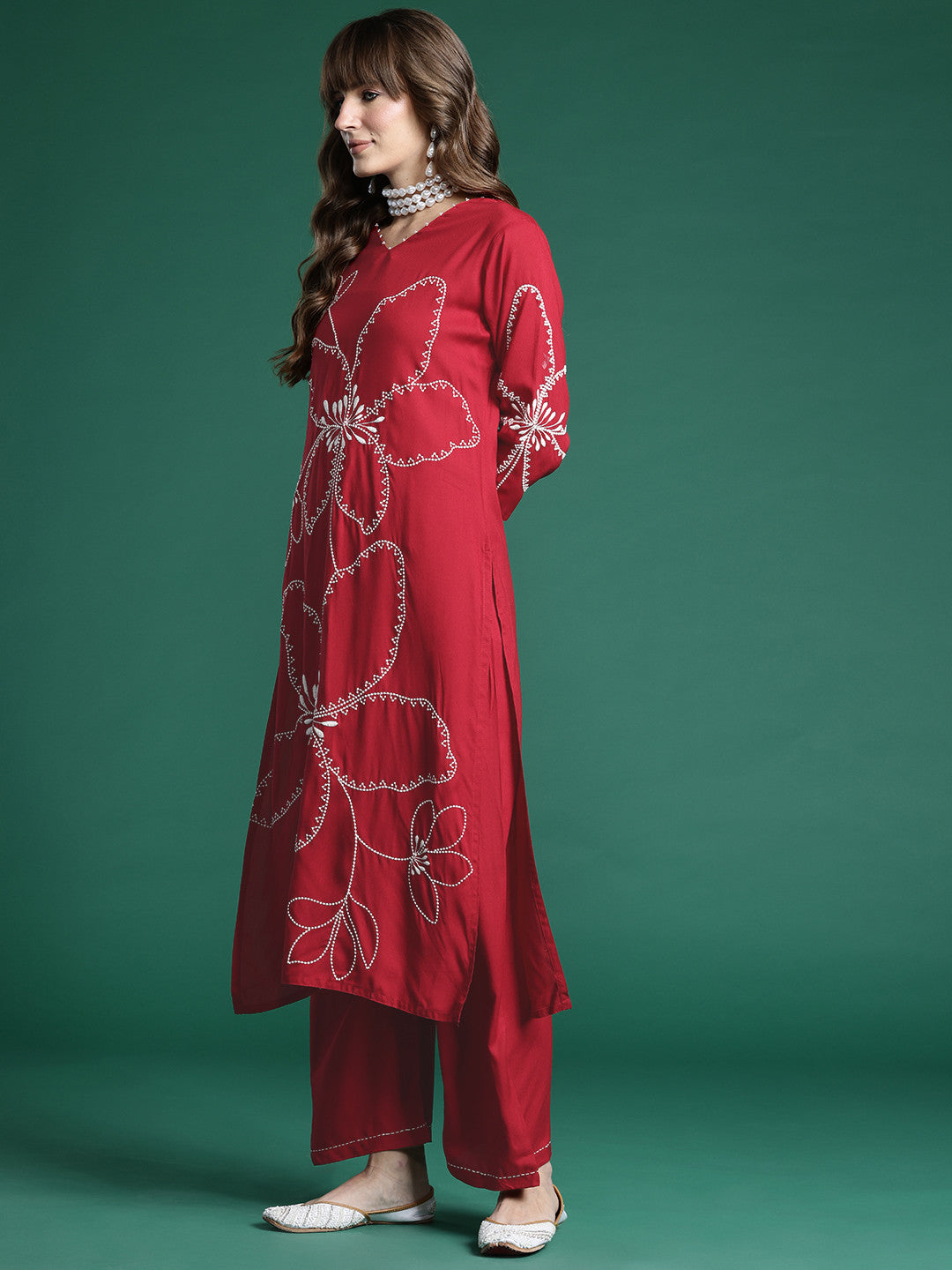 Floral Embroidered Regular Thread Work Kurta with Palazzos