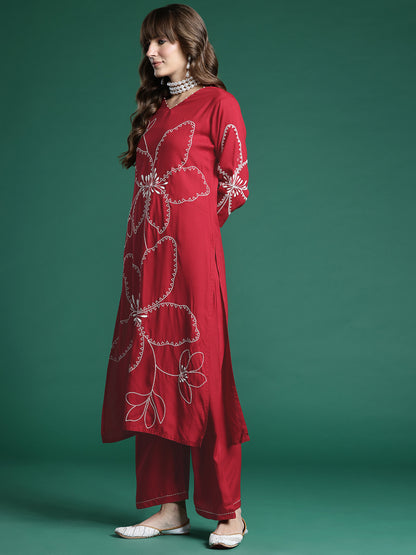 Floral Embroidered Regular Thread Work Kurta with Palazzos