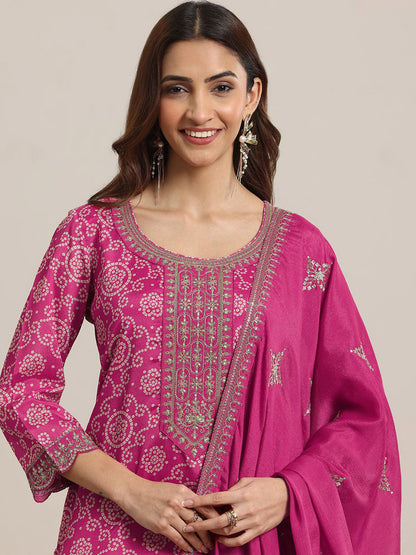 Women Bandhani Printed Regular Sequinned Kurta with Trousers & With Dupatta