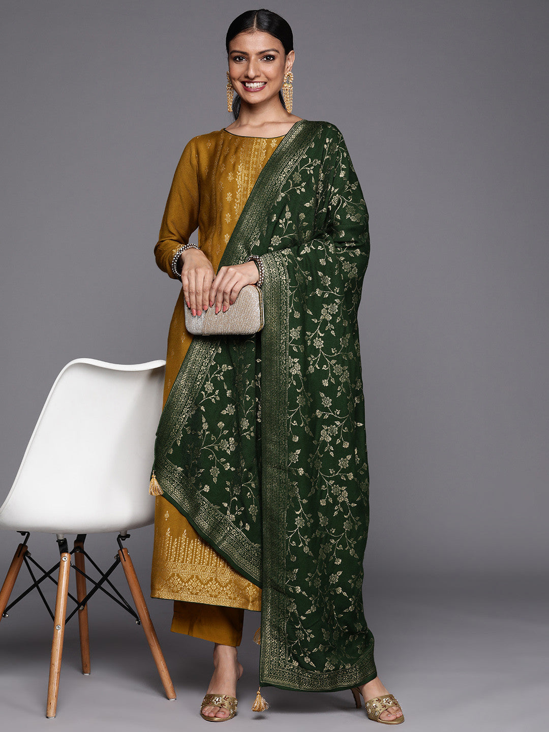 Women Mustard Yellow Floral Pashmina Wool Kurta with Trousers & With Dupatta