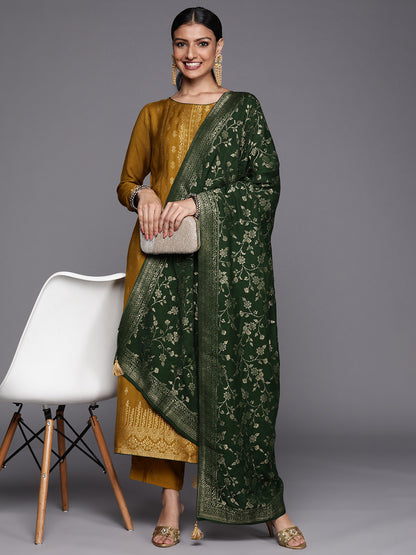 Women Mustard Yellow Floral Pashmina Wool Kurta with Trousers & With Dupatta