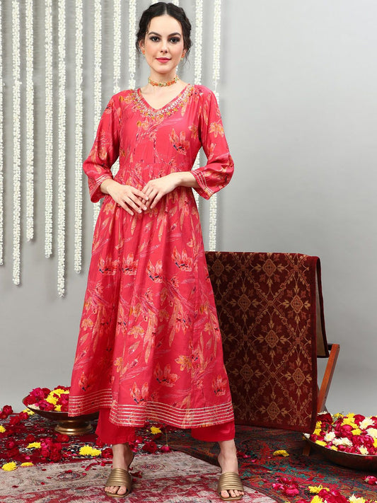 Dhiyona SN Pink Printed Pure Silk Round Neck Kurta With Trousers & Dupatta