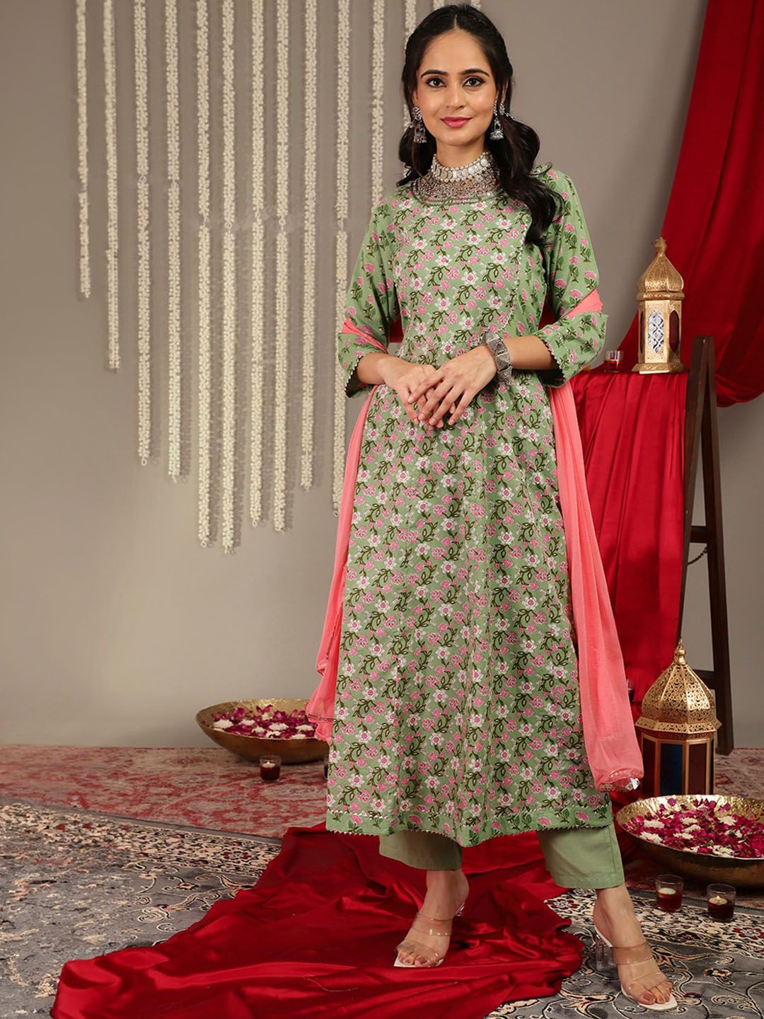 Dhiyona VA Women'sEthnic Motifs Printed Pure Cotton Regular Kurta with Trousers & With Dupatta
