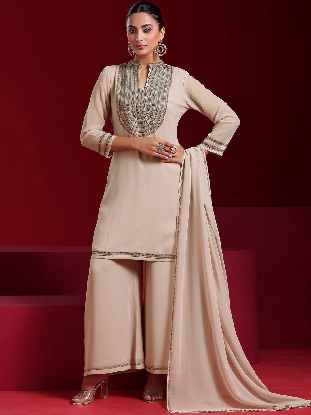 Dhiyona LL Yoke Design Regular Beads And Stones Straight Kurta With Palazzos & Dupatta