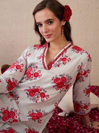 Women Floral Printed Regular Mirror Work Pure Cotton Kurta with Trousers