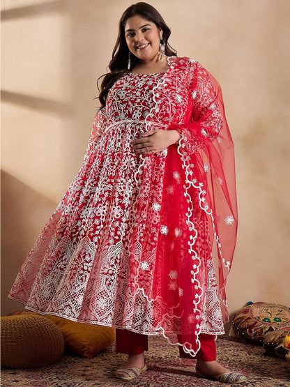 Dhiyona IN Floral Embroidered Thread Work Anarkali Net Kurta with Trousers & Dupatta