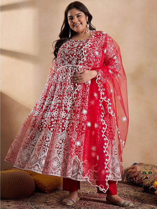 Dhiyona IN Floral Embroidered Thread Work Anarkali Net Kurta with Trousers & Dupatta
