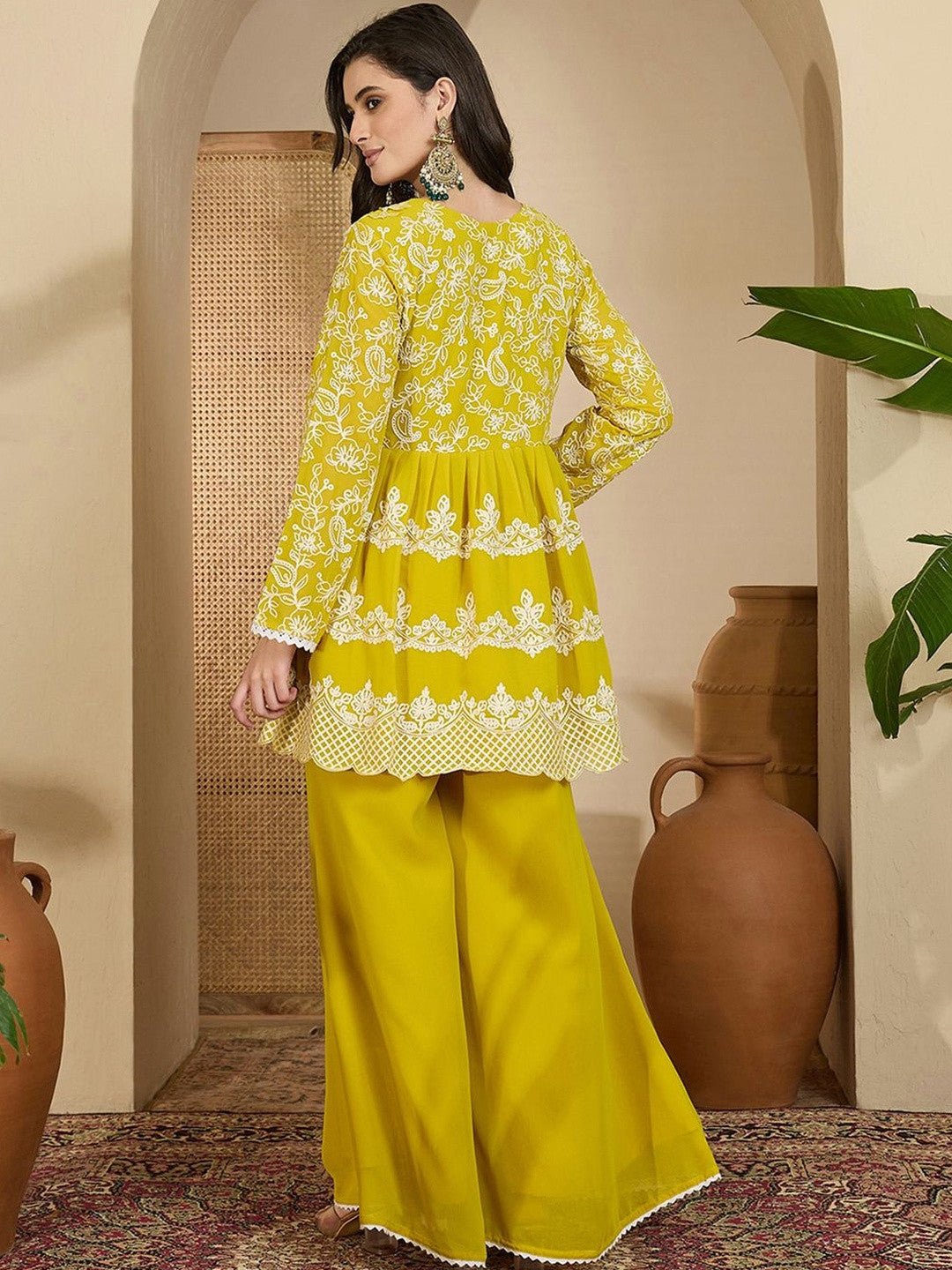 Embroidered V- Neck Kurta & Palazzos