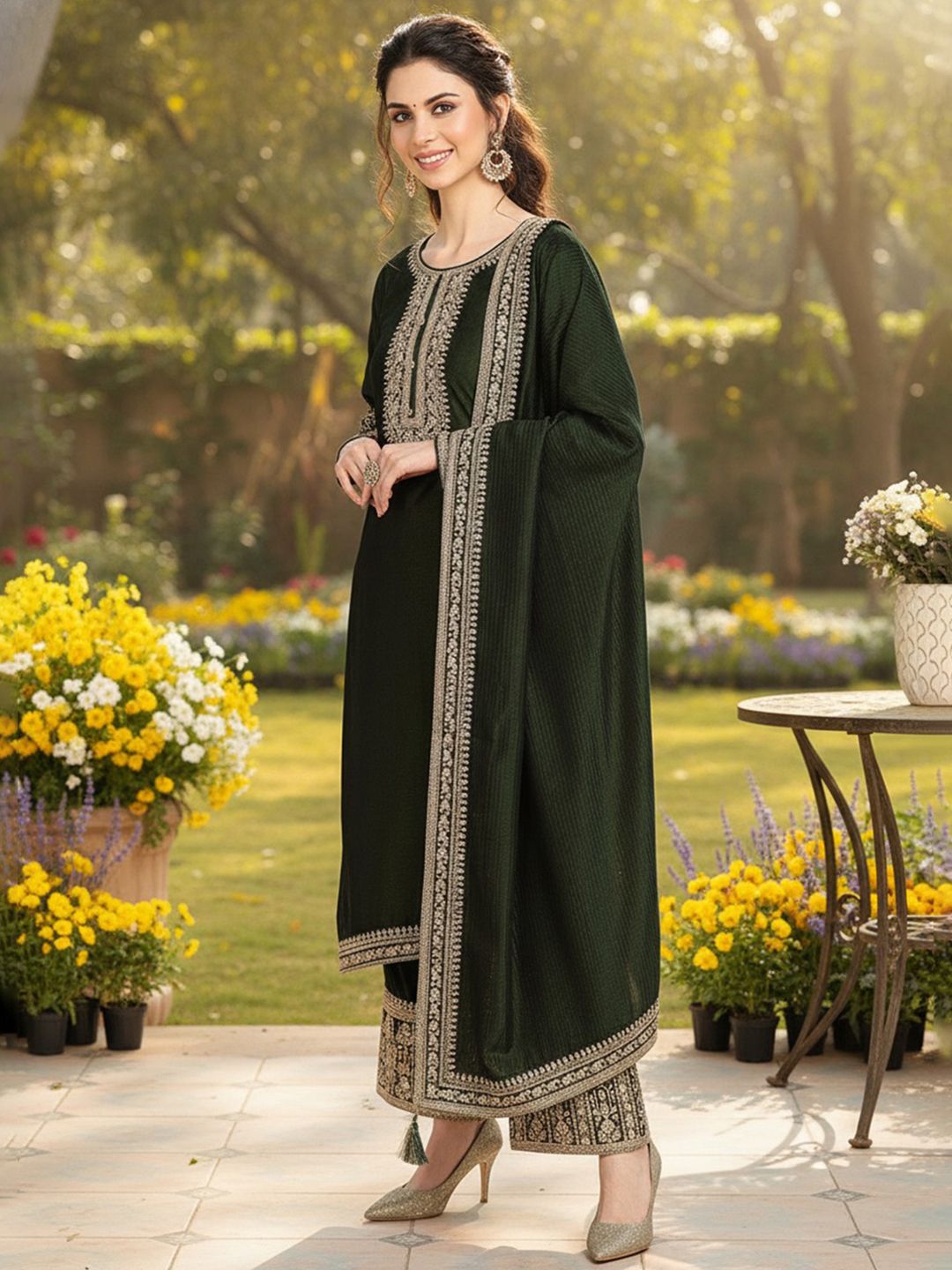 Dhiyona KL Floral Embroidered Thread Work Kurta with Palazzos & Dupatta
