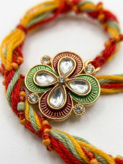 Dhiyona Traditional Artificial Stones Thread Rakhi With Roli Chawal Chandan Mishri