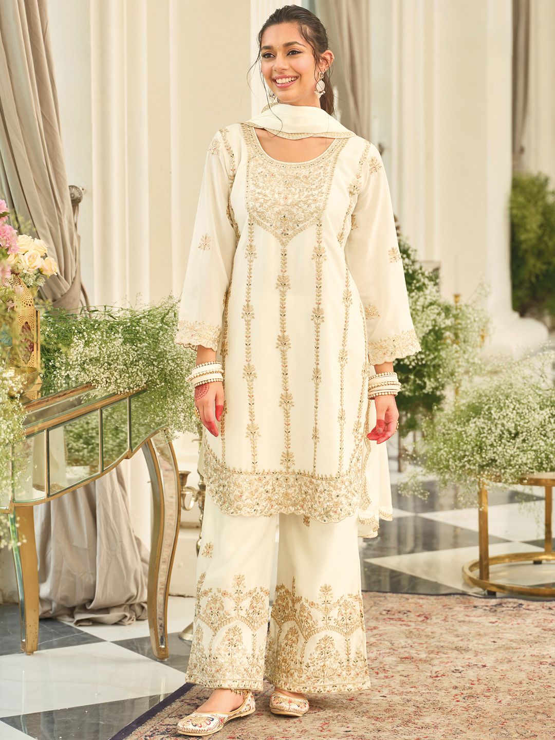 Dhiyona IE Women Ethnic Motifs Embroidered Mirror Work Kurta with Palazzos & Dupatta