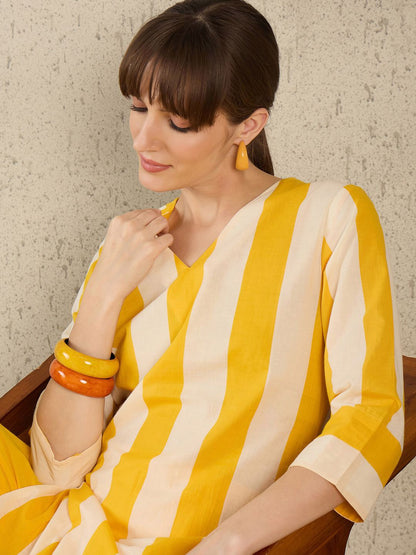 Dhiyona IE Women Striped V-Neck Cotton Tunic and Trousers Co-Ords