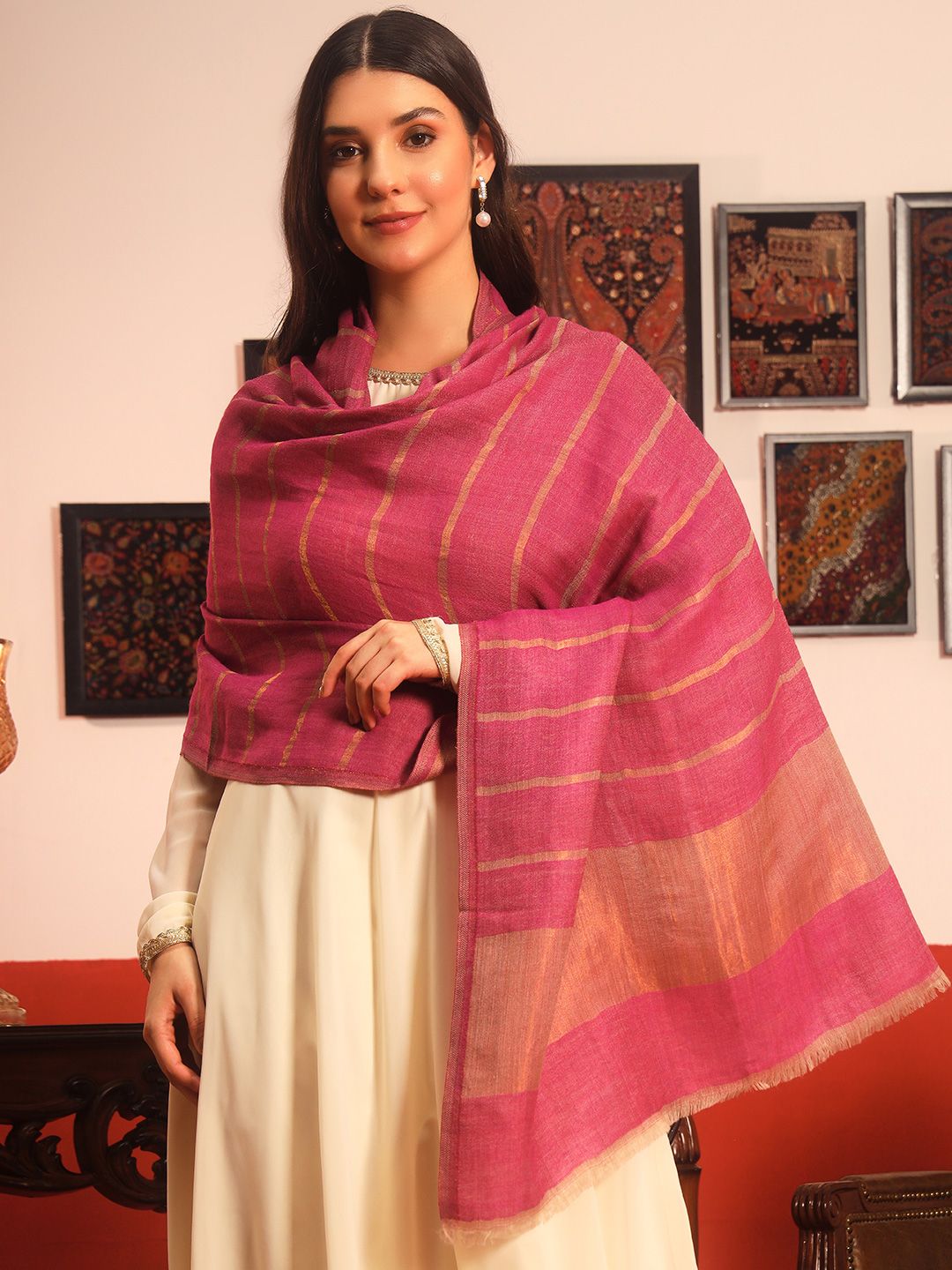 Dhiyona PA Striped Woven Design Woolen Reversible Shawl