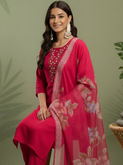 Embroidered Round Neck Kurta & Trousers With Dupatta
