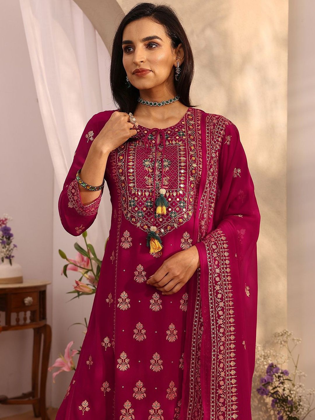 Dhiyona LL Women Ethnic Motifs Embroidered Regular Mirror Work Kurta with Palazzos & With Dupatta