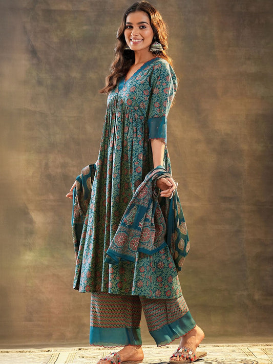 Floral Printed V-Neck A-Line Anarkali Kurta With Palazzos & Dupatta