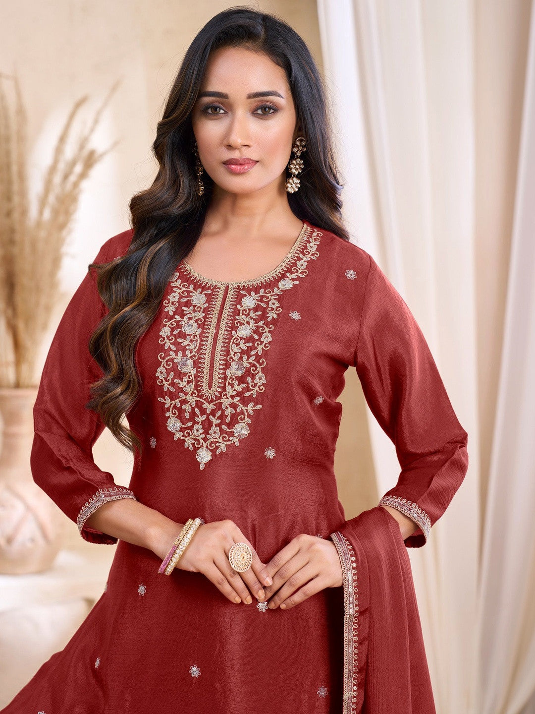 Embroidered Round Neck Kurta & Palazzos With Dupatta