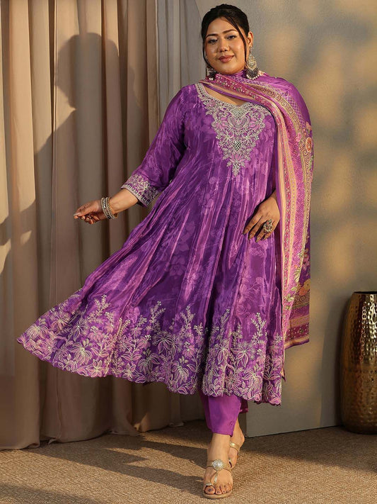 Dhiyona Women's Plus Size Ethnic Motifs Embroidered Kurta with Trouser & Dupatta