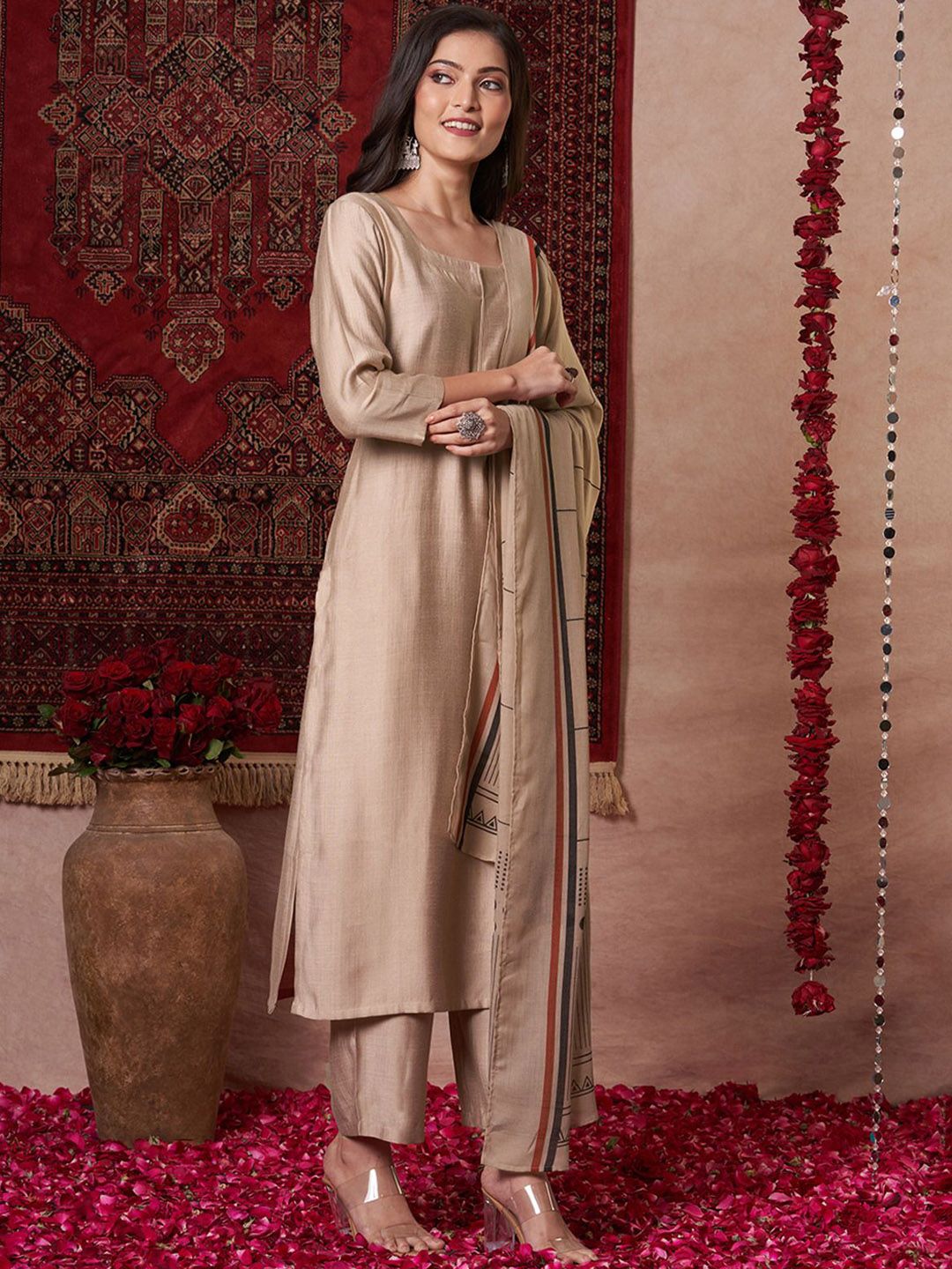 Dhiyona KL Notch Neck Straight Kurta With Palazzos And Dupatta